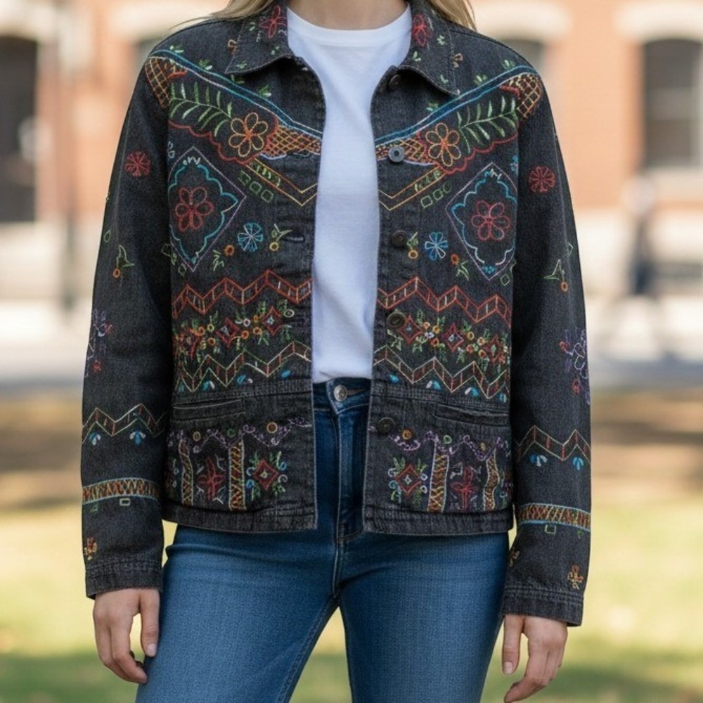 New Direction Embroidered Denim Jacket Womens Medium Black Beaded Boho
